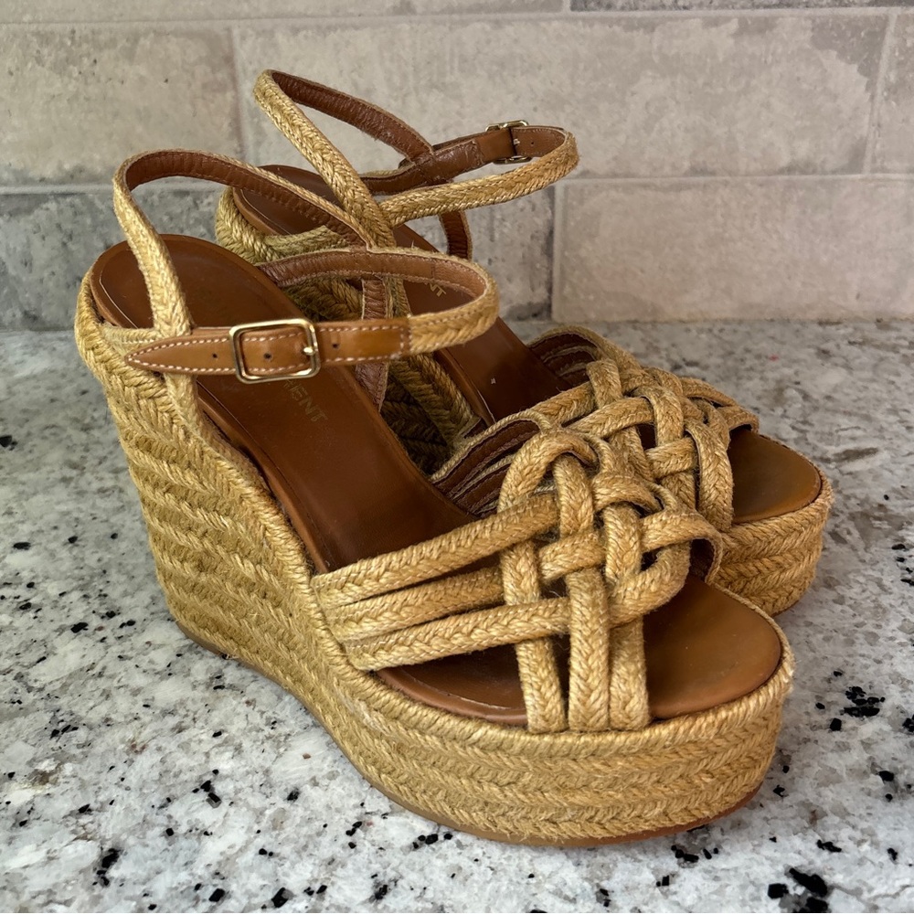Yves Saint Laurent Tan Braided Espadrille Platform Wedges